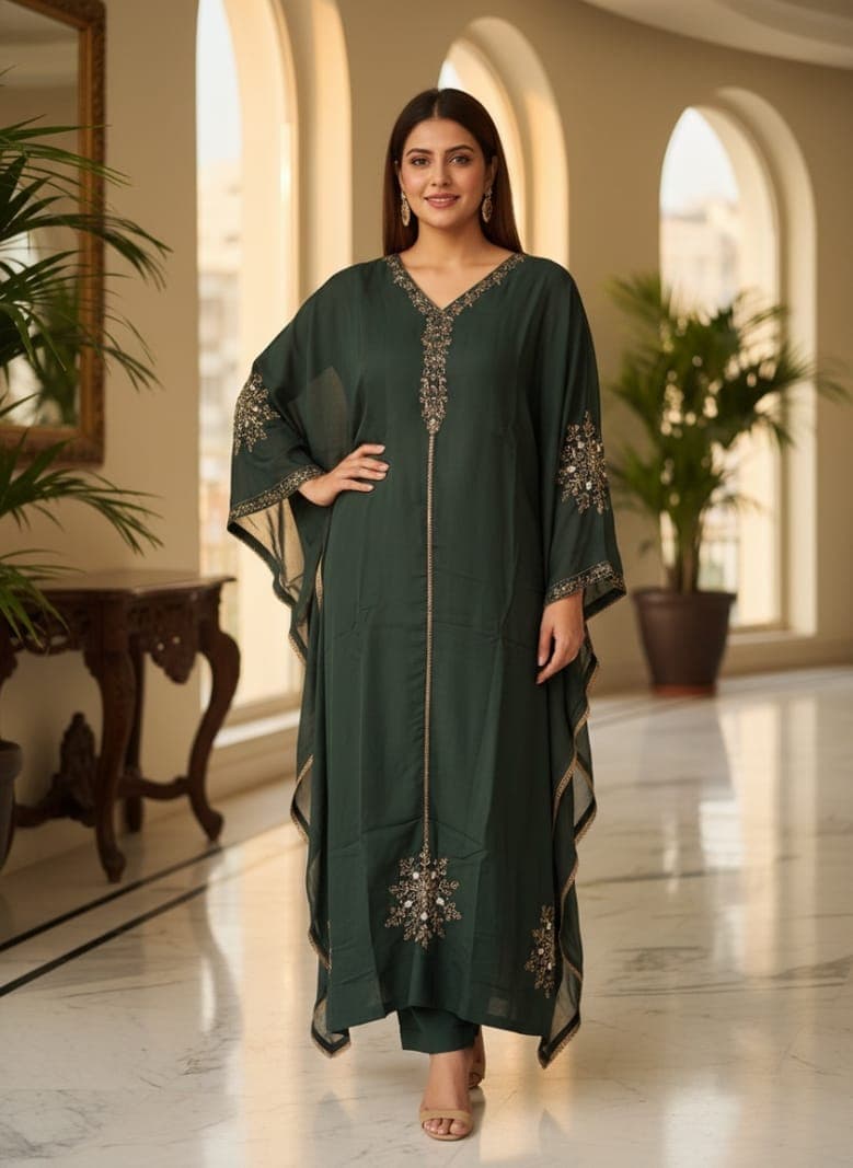 Opulent Green Blossom Kaftan
